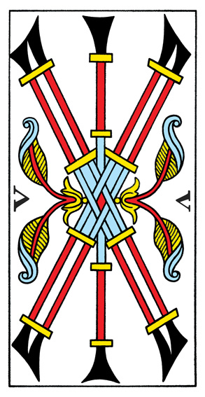 5 de Bâtons (5 of Wands) — Tarot de Marseille tarot card