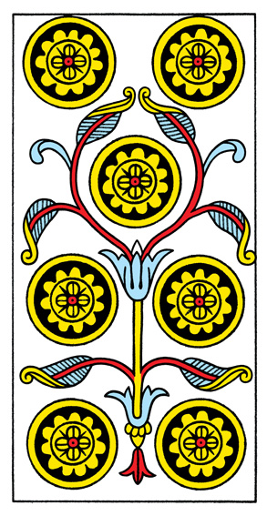 7 de Deniers (7 of Pentacles) — Tarot de Marseille tarot card