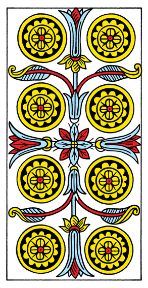 8 de Deniers (8 of Pentacles) — Tarot de Marseille tarot card