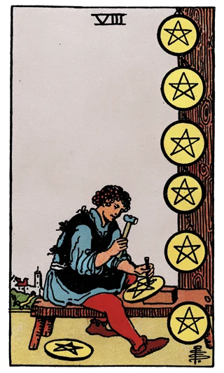 8 of Pentacles — Rider-Waite-Smith (RWS) tarot card