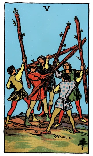 5 of Wands — Rider-Waite-Smith (RWS) tarot card